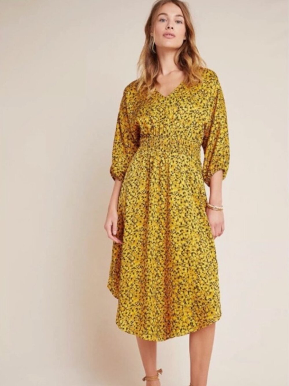 Anthropologie | Marigold 3/4 Sleeve Midi Dress Smocked Waist | Size Medium